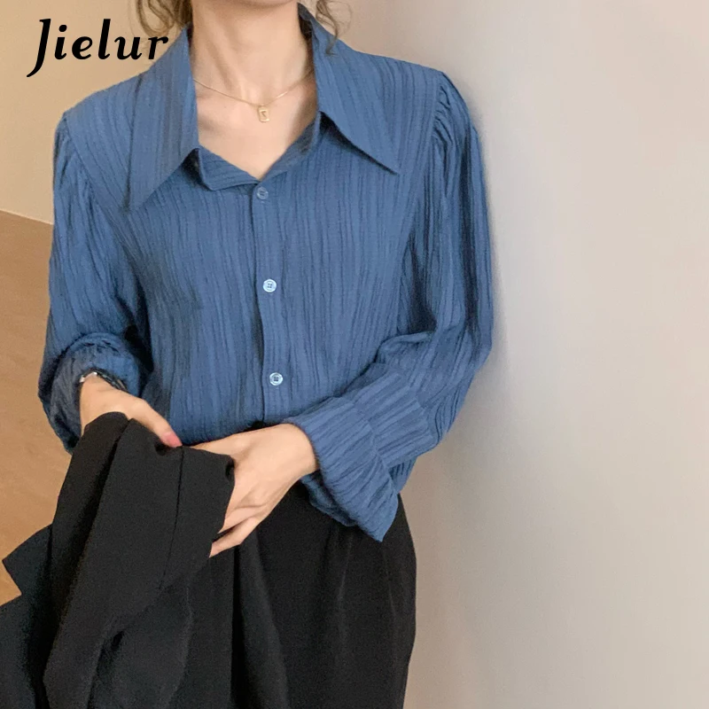 

Женская Однотонная рубашка Jielur, Повседневная Свободная блузка с отложным воротником, однобортная рабочая одежда с рюшами, весна-осень 2022