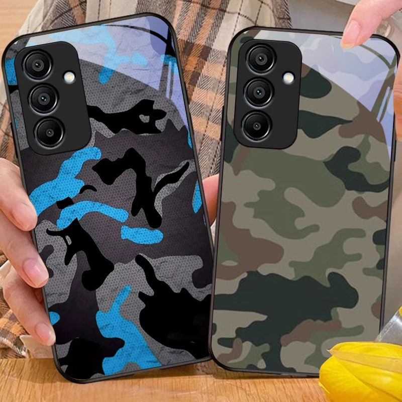 Camouflage Blue Black Tempered Glass Phone Case