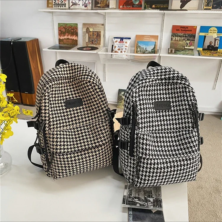 Knitted Backpack for Women Girls Large Capacity Travel Backpack Student Schoolbag Houndstooth Pattern 5