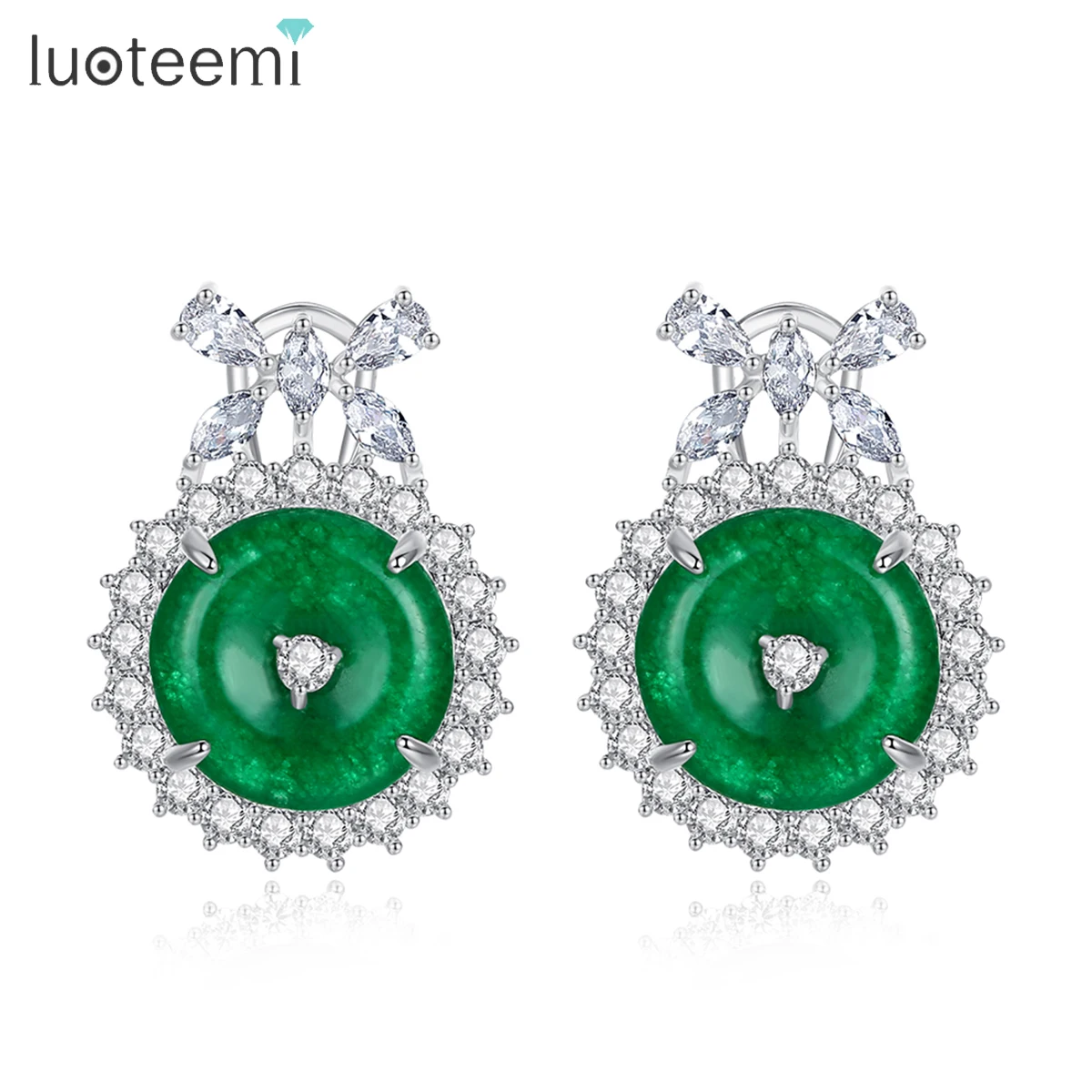 

LUOTEEMI Exquisite Bow Knot Zirconia Stud Earrings for Women Wedding Party Luxury CZ Round Green Stone Jewelry Christmas Gift