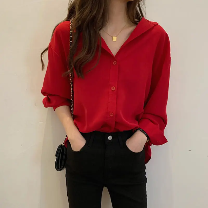 Fashion Solid Color Button All-match Korean Shirt Female Clothing 2022 Autumn New Oversized Casual Tops Loose Office Lady Blouse