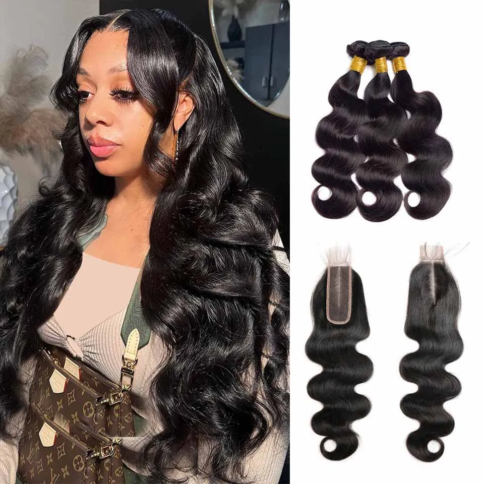 2x6 Lace Closure With Bundles Body Wave Human Hair 3/4 Weave Bundles With Closures Brazilian Hair Extensions For Women Human Hair Extensions Human Hair Closure Human Hair Lace Product