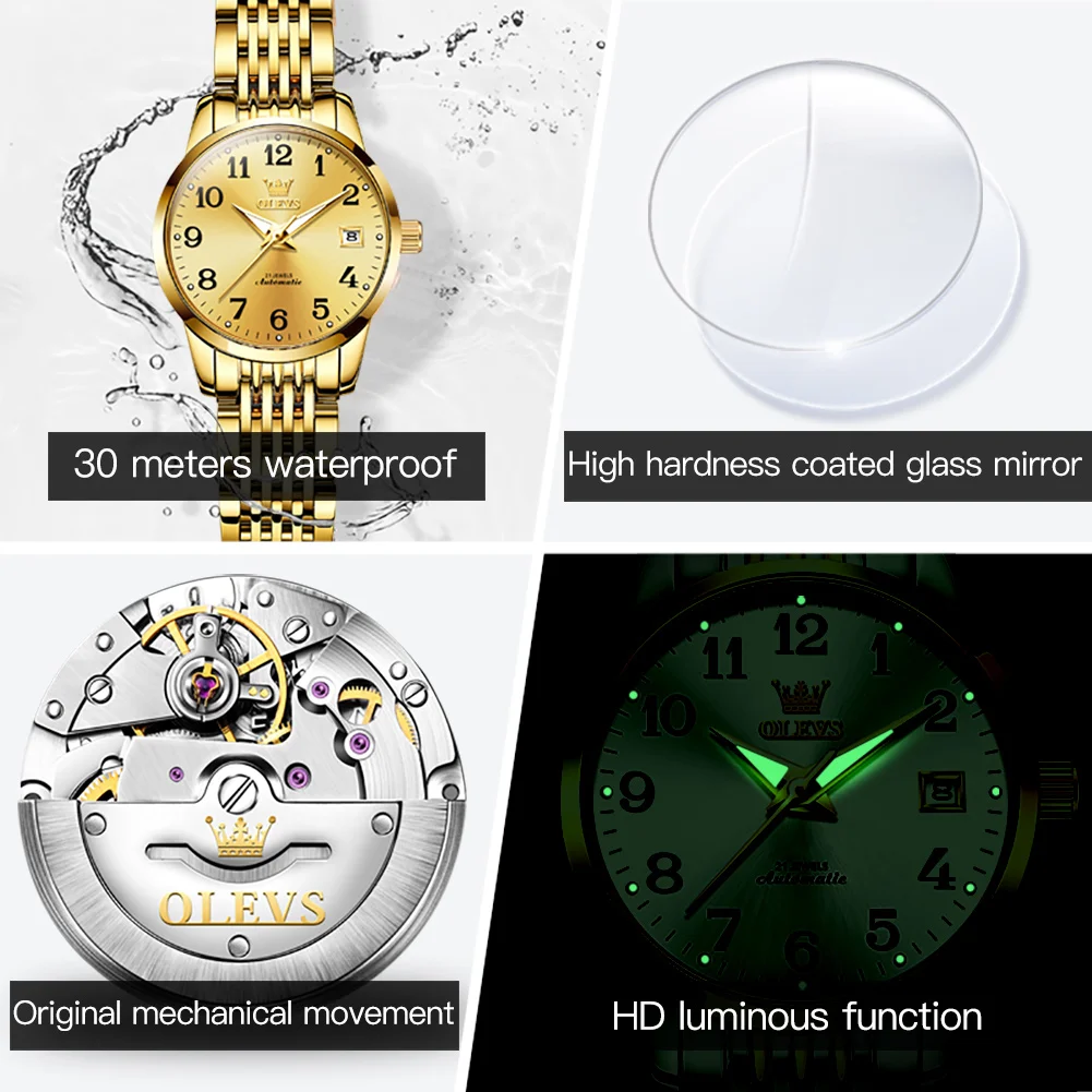 OLEVS Simple Women Mechanical Watch Luxury Gold Stainless Steel Waterproof Luminous Calendar Automatic Watch for Women Gift 6666