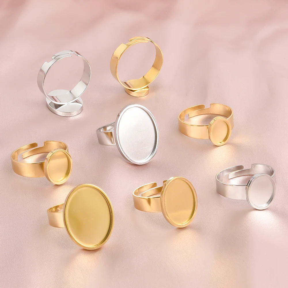 Minimalistischer, glänzender, offener, verstellbarer Ring, ovaler, dicker Cabochon, leere Basis, Edelstahlringe für Damen und Herren, passend für DIY-Schmuckherstellung