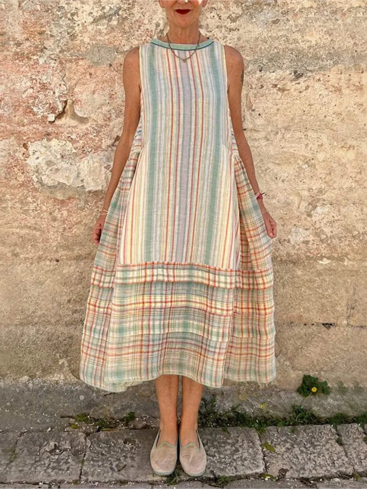 Summer fungus edge round neck sleeveless vest long skirt striped dress for women