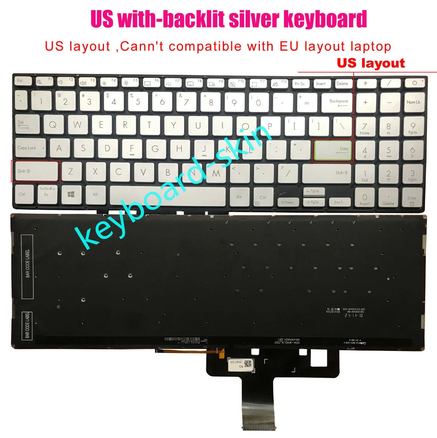 

Новая Серебристая клавиатура с американской подсветкой для ноутбука Asus Vivobook X521FA X521FL X521EA X521EQ X521UA X521IA X521JQ