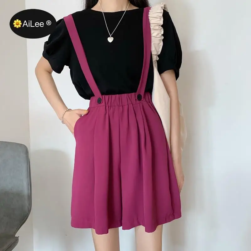Women Summer Overalls Shorts Elastic High Waist Draped Loose Purple Chic Shorts Knee Length Pockets Knee Length Harajuku Shorts