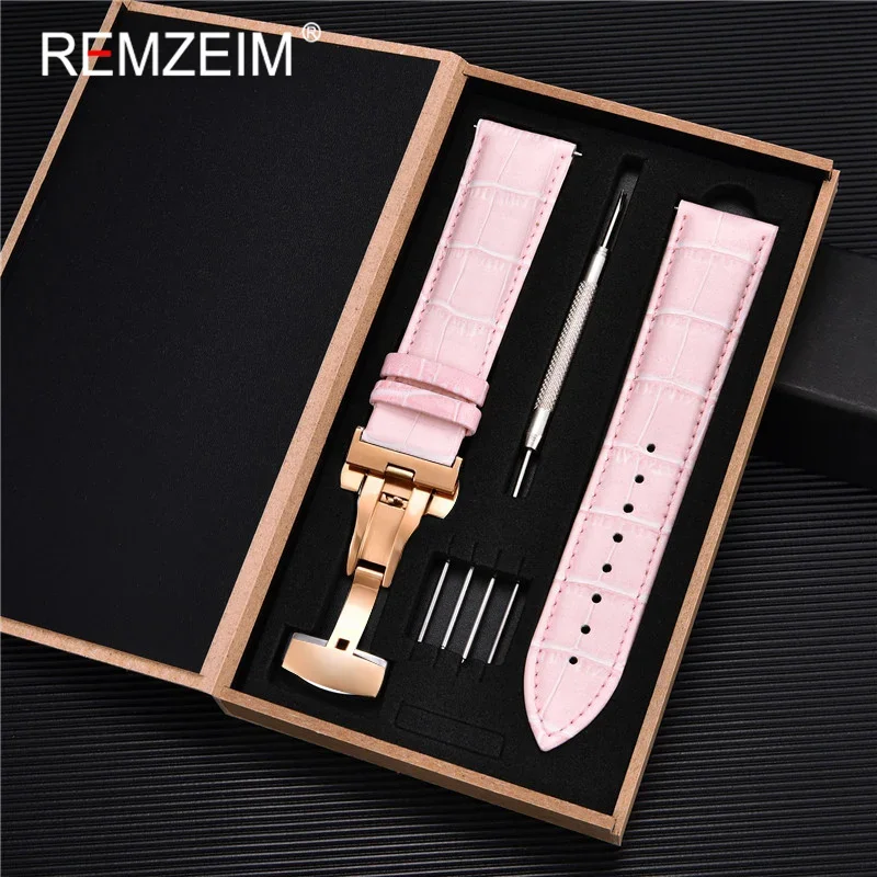 Premium Genuine Leather Watch Band with Stainless Steel Butterfly Clasp and Tool Set