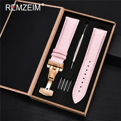 Premium Genuine Leather Watch Band with Stainless Steel Butterfly Clasp and Tool Set - 22mm (Pink - rose gold)