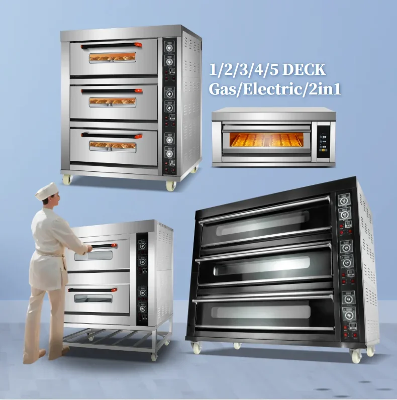 Steel Industrial 2 3 Deck Layers 4 6 12 Trays Commercial Kitchen Gas Electric Pizza Use Baking Cake Bread Bakery Oven Equipment