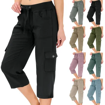 Hip Hop Street Popular Trousers For Female Cargo Capris Hiking Pants Drawstring Elastic Rised Summer Pant Soild Ladies Slacks 1