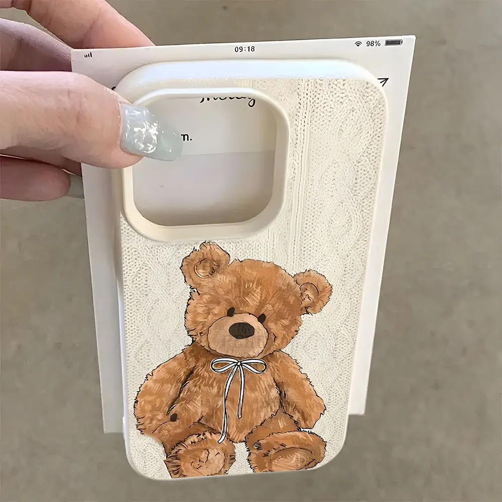 Cute Brown Teddy Bear Pattern Lychee Soft Phone Case