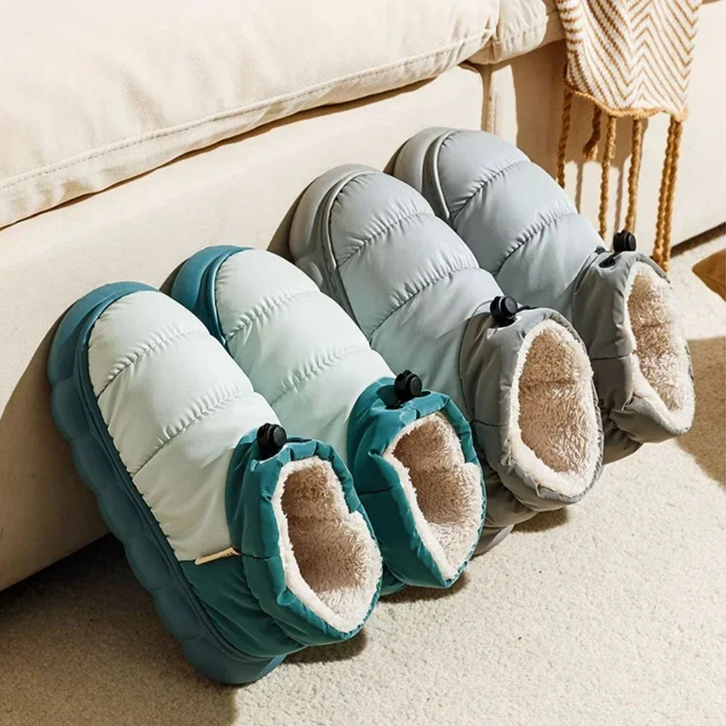 

Unisex Winter Home Warm Slippers Plush Women Indoor Fur Slides High Top Concise Outside Waterproof Slippers Shoes Men Boots