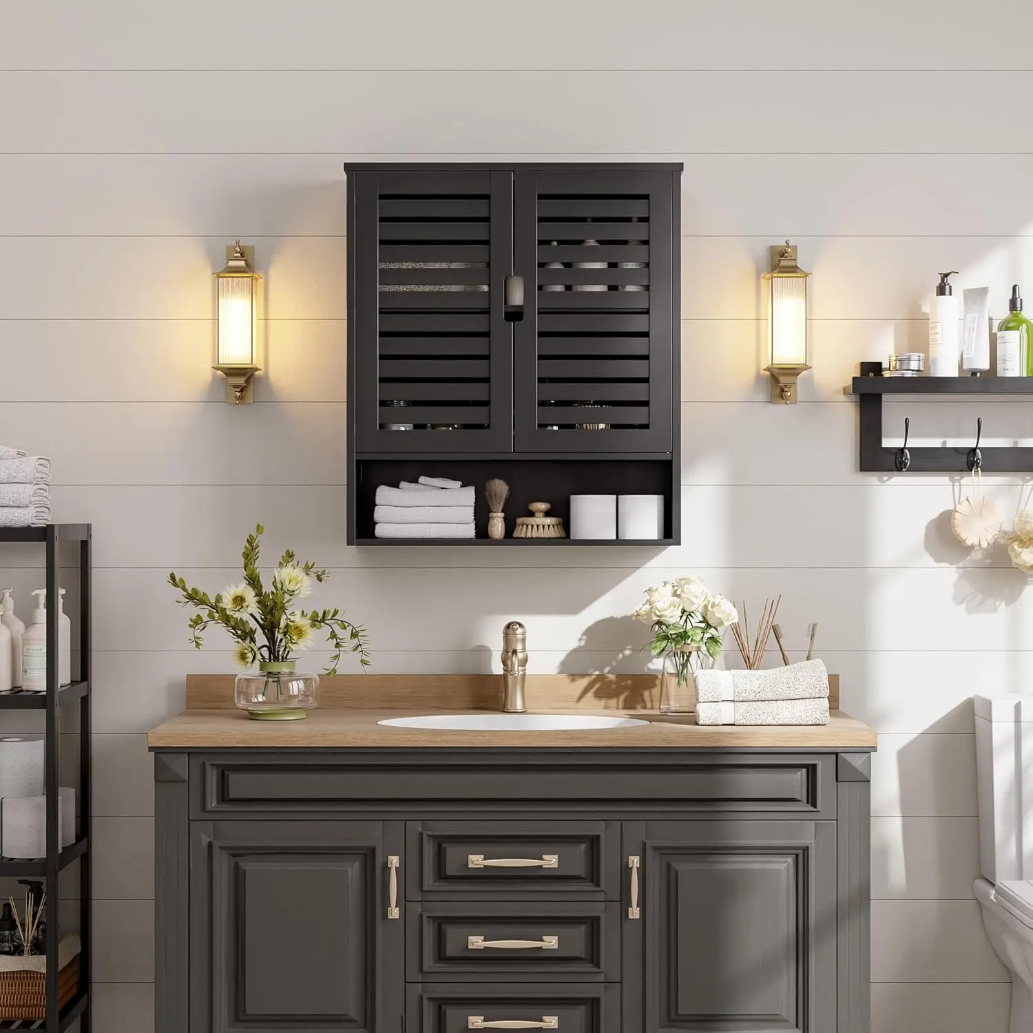 خزانة أدوية معلقة، خيزران أسود، رف قابل للتعديل