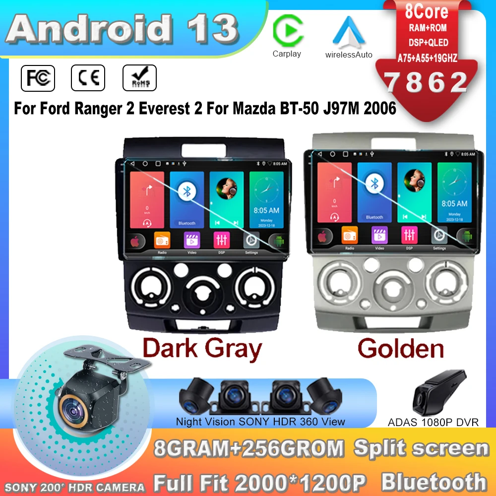 

Автомагнитола 7862CPU для Ford Ranger 2 Everest 2, для Mazda BT-50 J97M 2006, Android 13, мультимедийная навигация, видеоплеер, навигация
