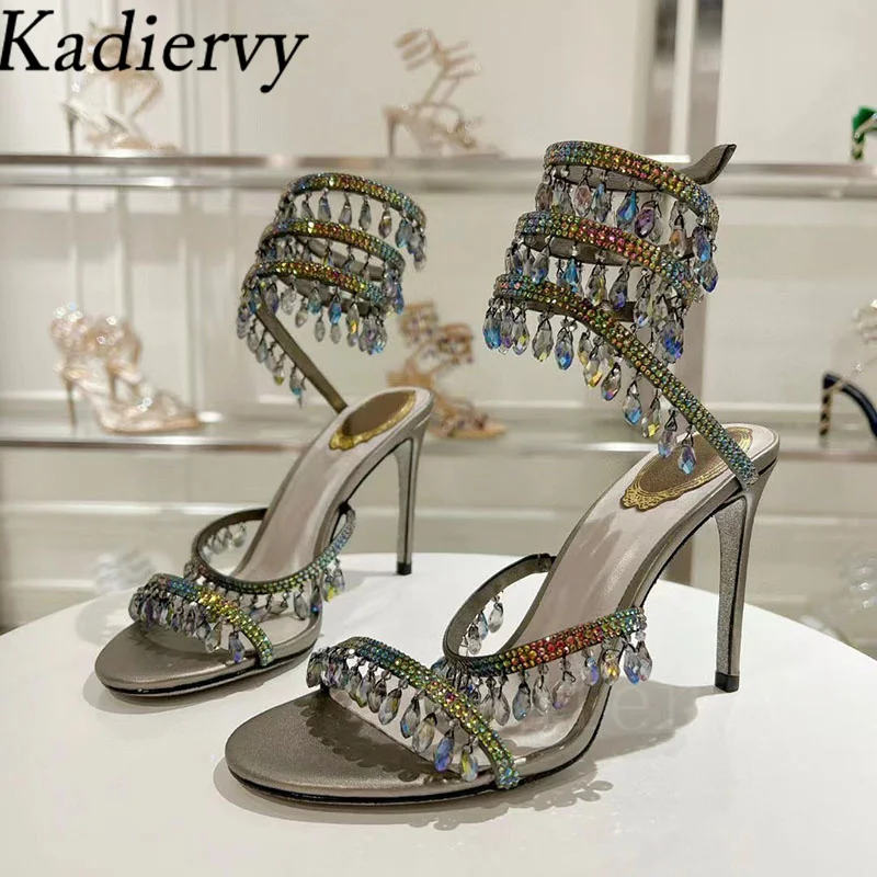 Sexy High Heels Sandals Woman Crystal Pendant Snake Twine Around Twine Ankle Strap Party Shoes Summer Gladiator Sandals Women