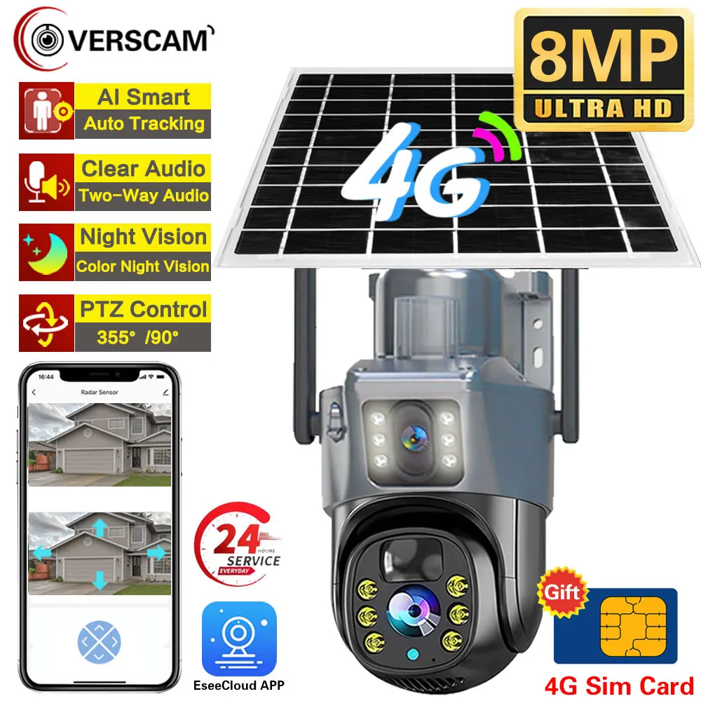 4K 8MP 4G Dual Lens PTZ Solar Camera Dual Screen PIR Human Detection Outdoor Battery Secuity Surveillance Cam Free 4G SIM card