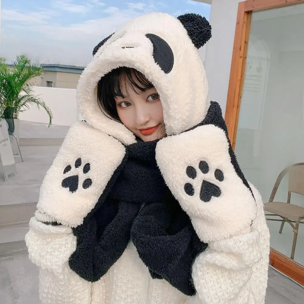 3 in 1 winter girls novelty beanies rabbit cap warm cute casual plush hat scarf gloves set creative solid women caps presents Plush Hat Cute Panda Shape Bear Claw Decor 3 in 1 Multipurpose Keep Warm Thickened Windproof Winter Women Scarf Gloves Cap for O