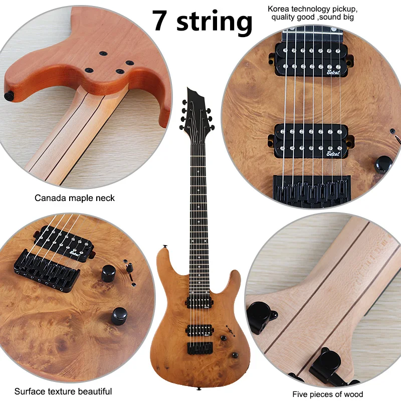 8 Strings Tree Burl Top Electric Guitar 39 Inch Red Solid Okoume Wood Body Matte Finish 24 Frets 5 Pcs Maple Wood Combine Neck headless electric guitar
