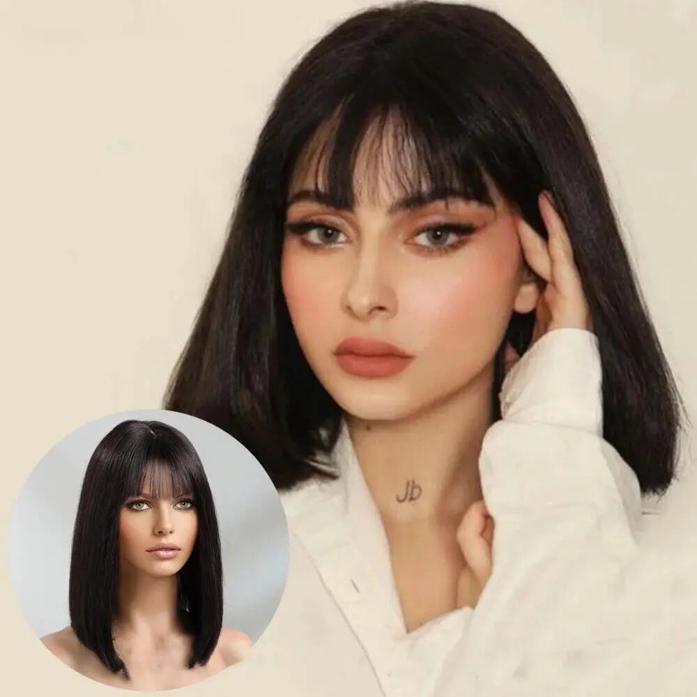 

Short Straight with Bangs Black Synthetic Hair Wig Heat Safe Hair for Women