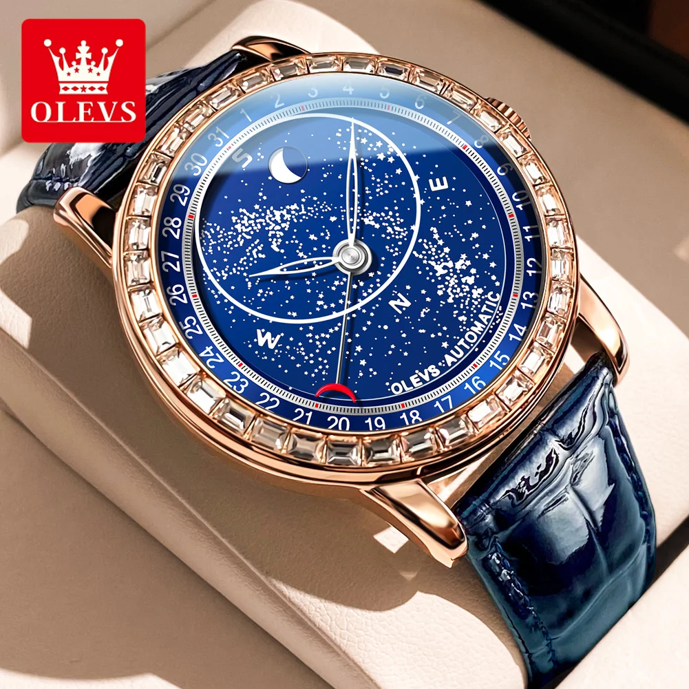 OLEVS Brand New Luxury Diamond Mechanical Watch for Men Blue Leather Strap Waterproof Luminous Fashion Starry Sky Mens Watches