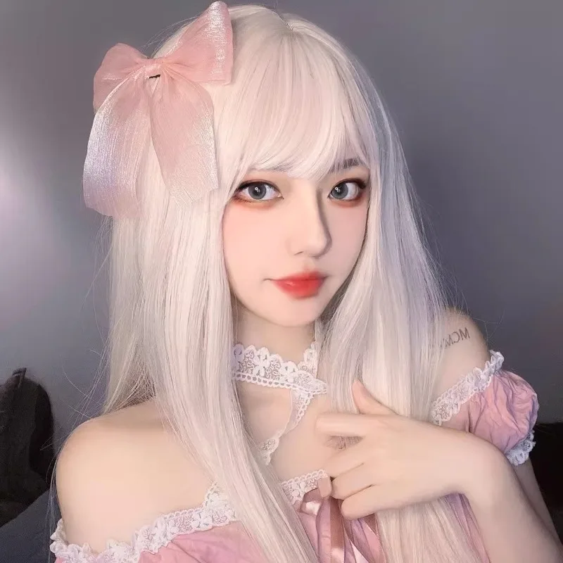 

white wig set female long straight hair lolita harajuku japanese cute face trim long hair cos fashion holiday fake hair