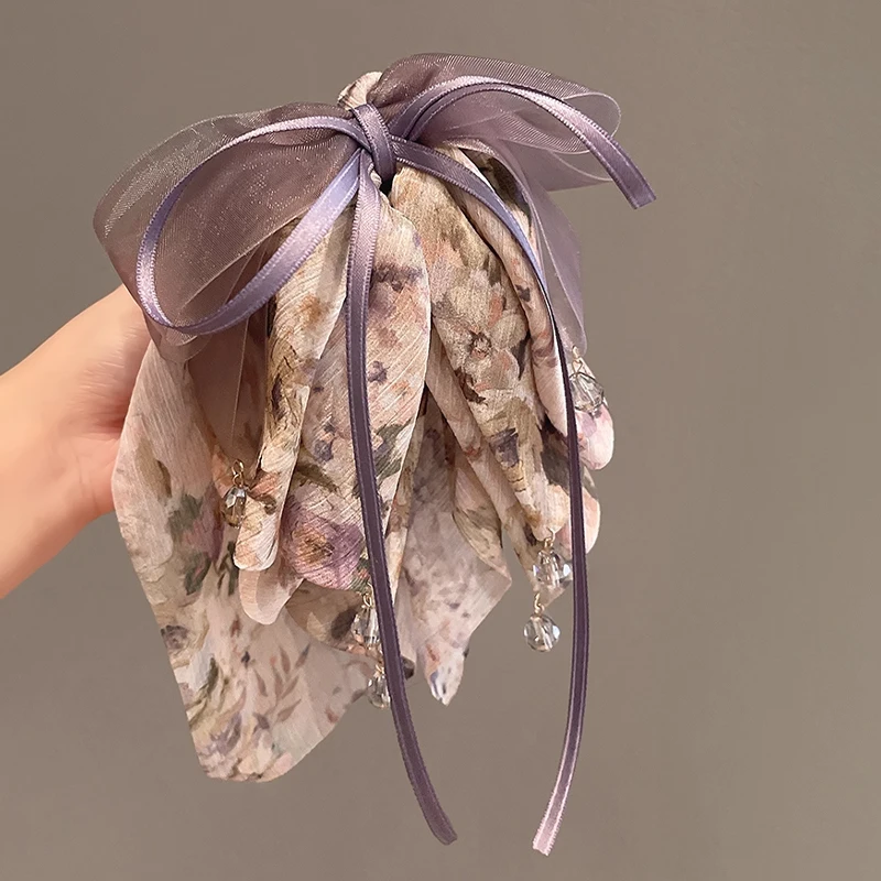 Französische elegante Haarspangen für Damen, Hai-Clip, süßer Chiffon, Blumenmuster, Schleife, Perlen, Pferdeschwanz-Clip – Detail 12