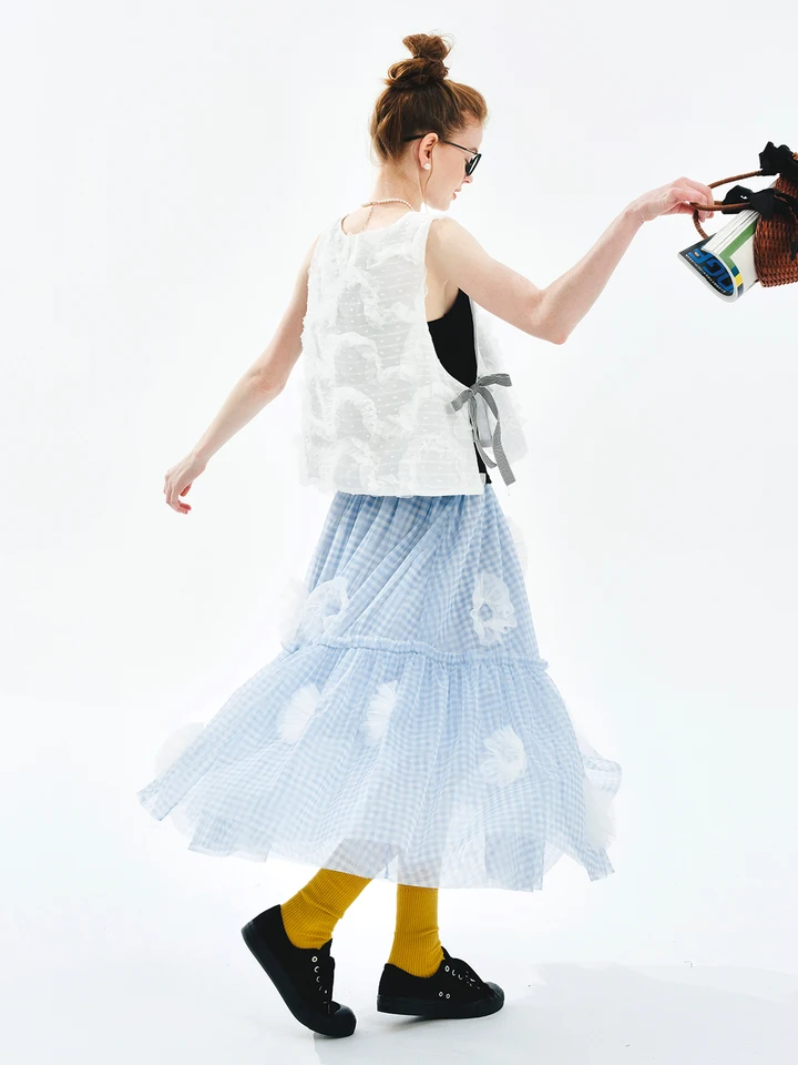 イマココニ-レディースミディアムブルーヤーンスカート ハーフスカート レースデザイン サマー 244724 2023 Imakokoniブルーチェックフラワーハーフスカート、サマーファンタジー
