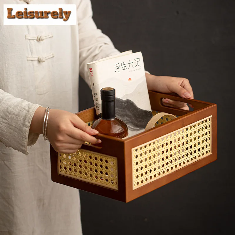 Handmade Brown Bamboo Rattan Storage Basket Food Storage Tray Debris Sorting Box Self-help Display Home Table Decoration Trays