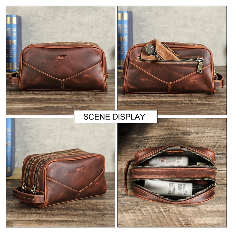 Makeup Bag Crazy Horse Genuine Leather Travel Makeup Bag Men's Vintage Leather Cosmetic Cases Luxury Washing Storage Toiletry Bags
