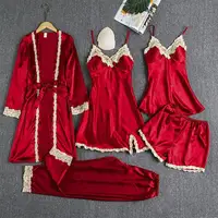5 pièces/ensemble femmes Sexy pyjamas ensemble soyeux Satin dentelle chemise de nuit ample à lacets taille Homewear ensemble vêtements de nuit costume 2