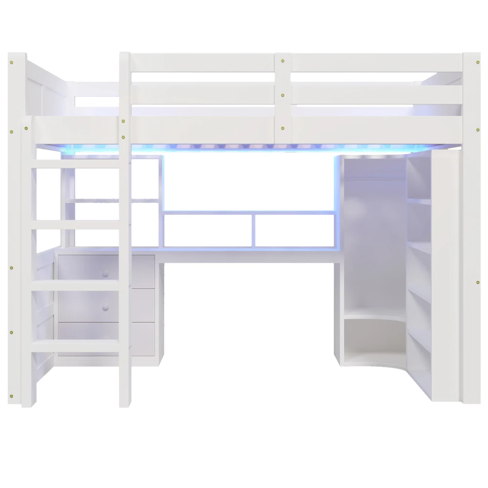 90 x 200 cm/140 x 200 cm hohes Etagenbett, mit LED-Leuchten und Kleiderschrank, Bett mit Schreibtisch und Schubladen, Aufbewahrungsfach, keine Matratze – Detail 33