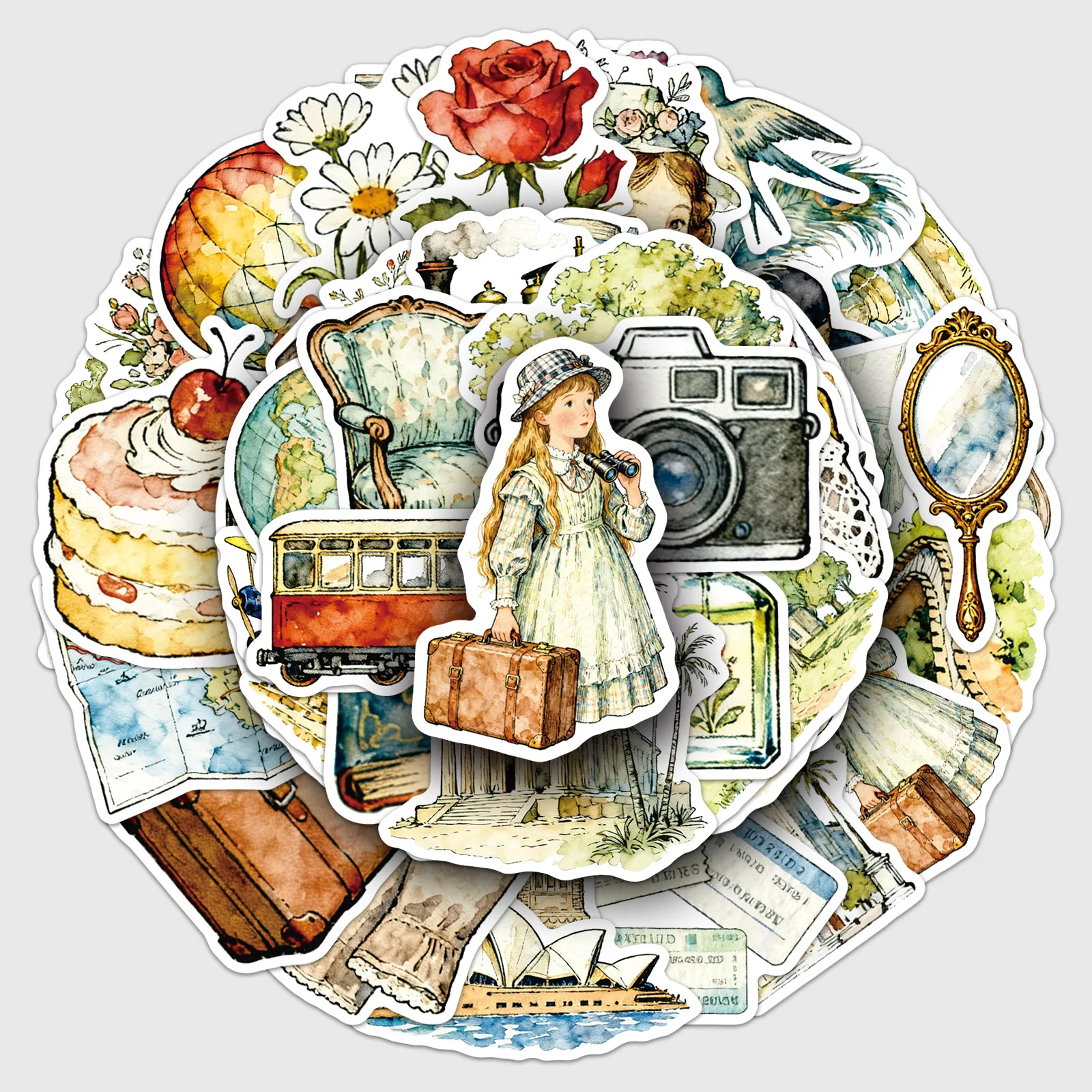 50Pcs 레트로 여행 소녀 그림 아트 스티커 데칼 노트북 스크랩북 수하물 기타 헬멧 DIY 낙서 미적 스티커