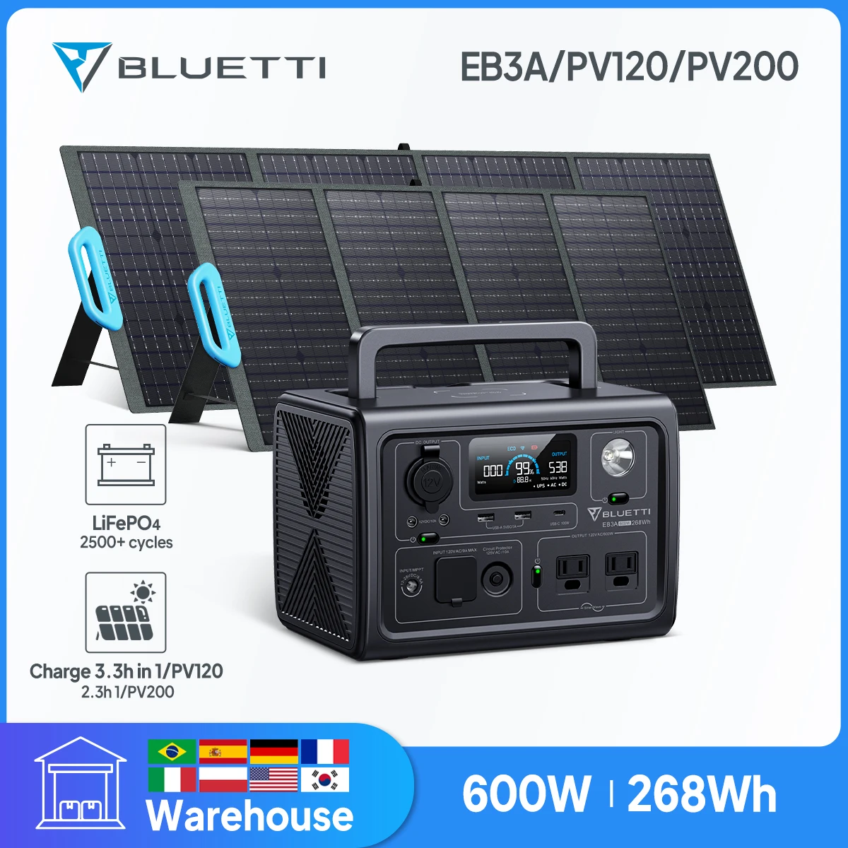 Generatore Solare Bluetti Eb3A 600W 268Wh Centrale Elettrica Portatile Generatore Di Batterie Lifepo4 Onda Sinusoidale Pura Interruzione Di Corrente C