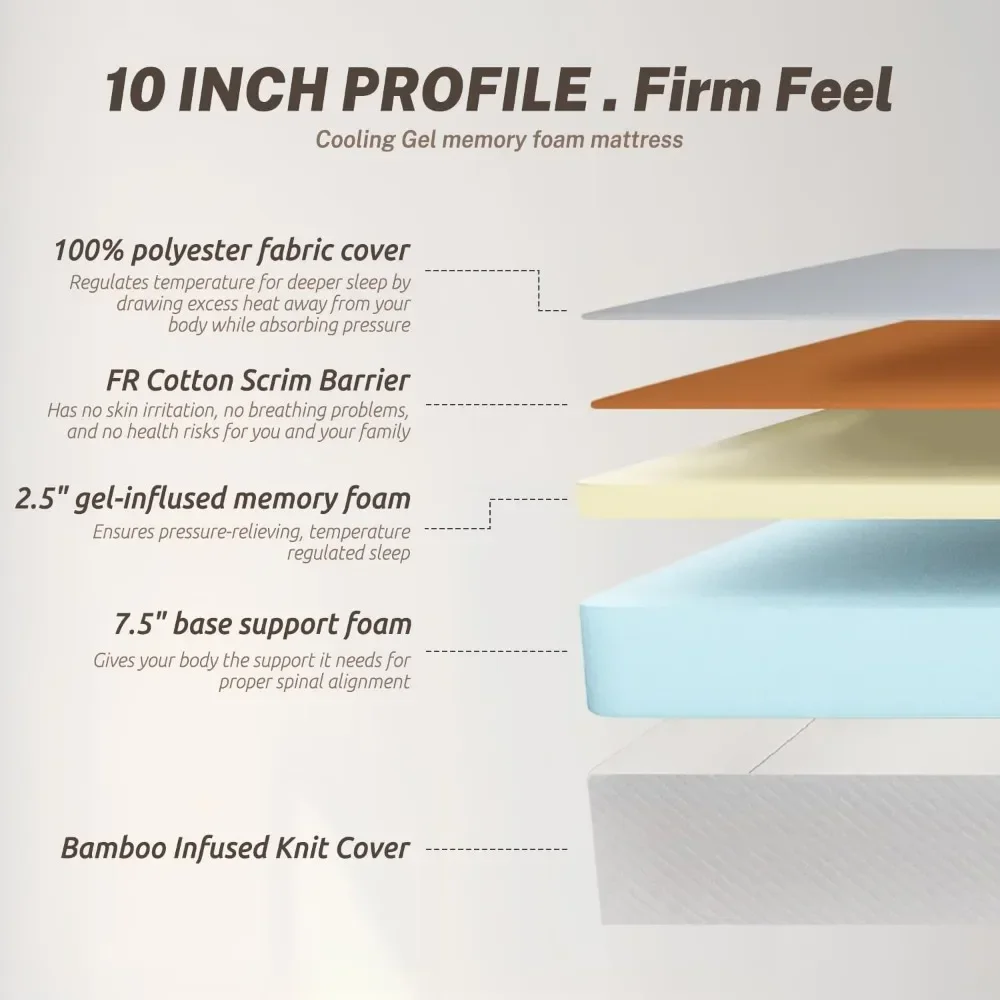 Full Size Mattress for Pressure Relief & Cooler Sleep CertiPUR-US Certified 10 Inch Medium-Firm Gel Memory Foam Mattress 3
