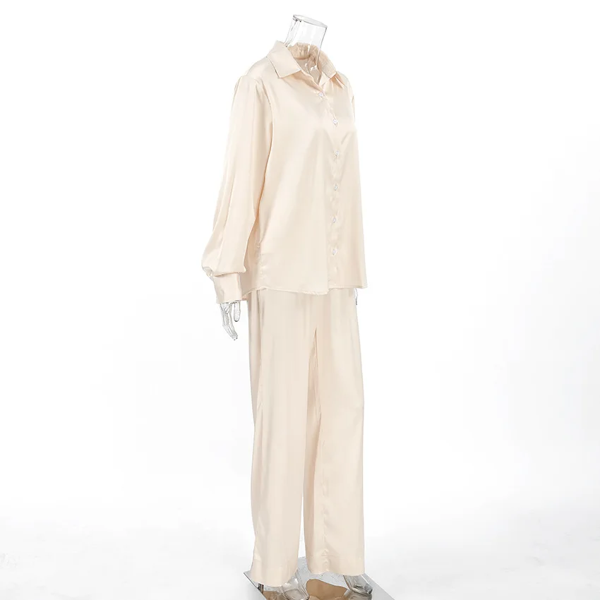 Fashion Commute 2 Piece-Set Trousers Ladies Casual Solid Shirts And High Waist Wide Leg Clothes Outfits Women's Pants Sets