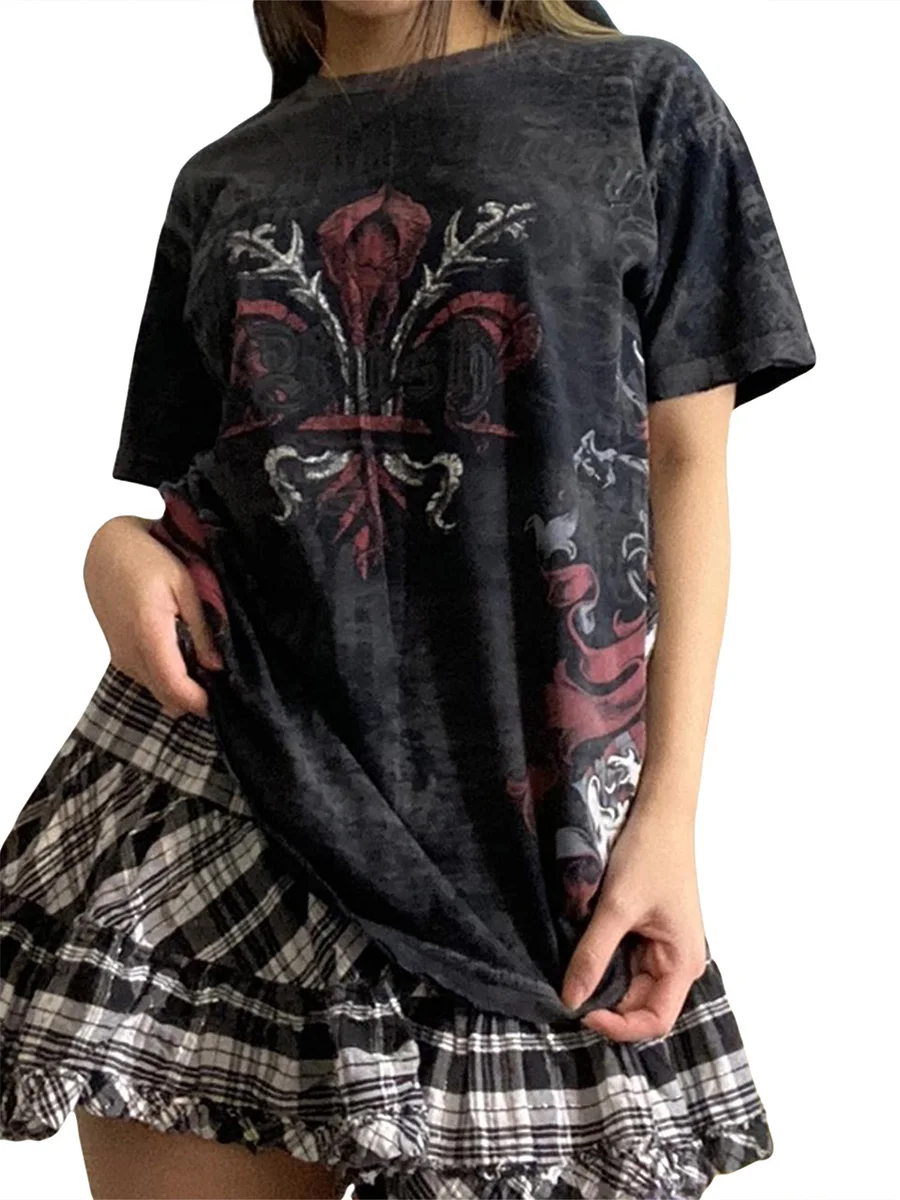 Women Blouse y2k top Gothic Punk Rock Vintage Cotton Oversized Female T-Shirts Skull Crew Neck Short Sleeve Loose Streetwear