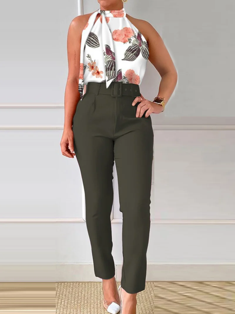Women High Waist Ankle-Length Pants Outfits Summer Halter Tops Slim Fit Pants Two Piece Set Female Office Patchwork Trousers Set