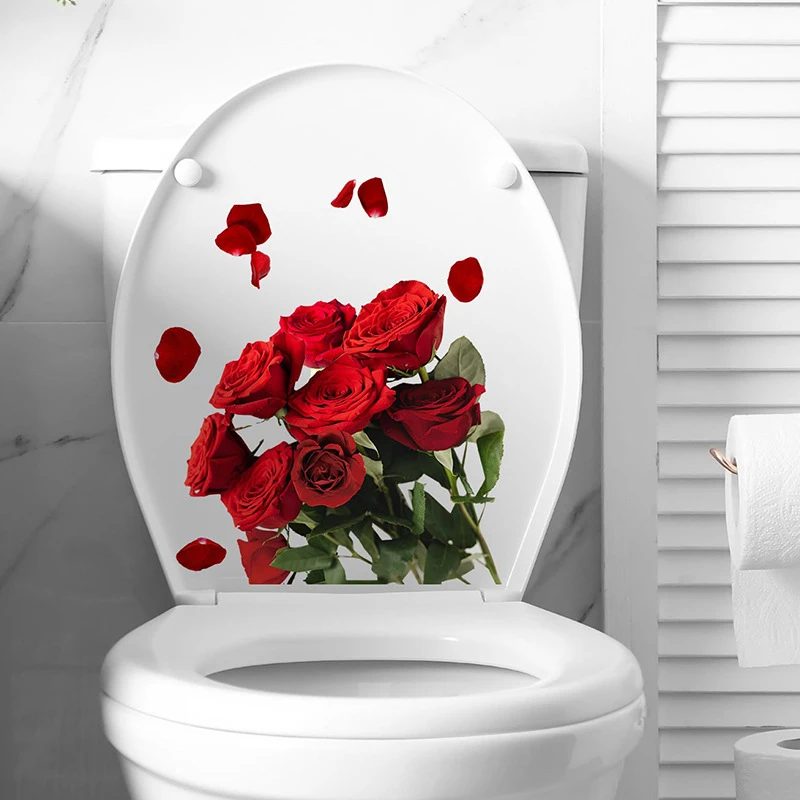 Roses Toilet Seat Stickers Red Flowers Toilet Lid Decals DIY Removable Watercolor Bouquet Toilets Stickers For Cistern Bathroom