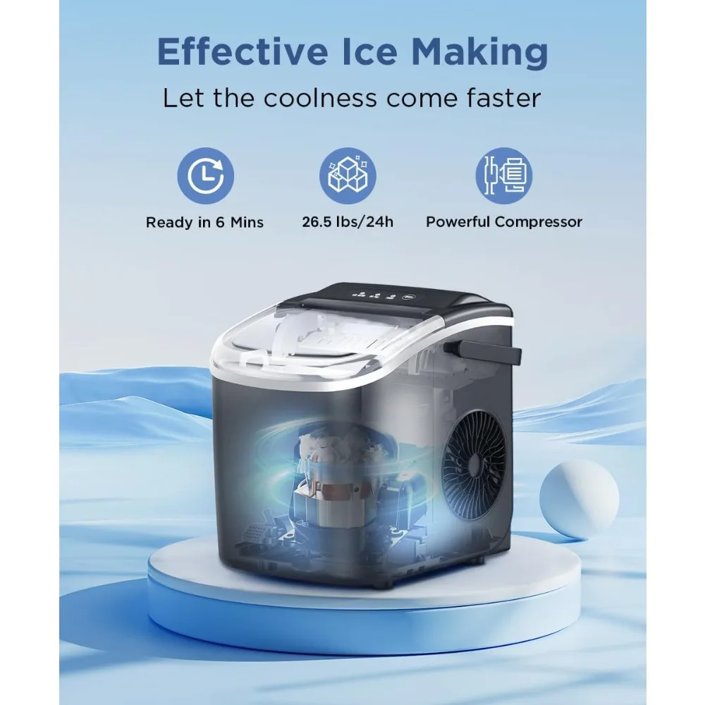 Portable Ice Machine with Self-Cleaning, 26.5lbs/24Hrs, 9 Bullet Ice Cubes in 6 Mins, Basket