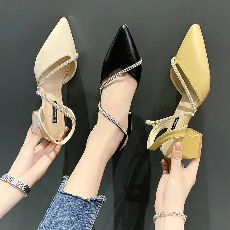 Women High Heels Platform Sandals Summer Shallow Mouth Strappy Pointed Closed All-Match Sandals