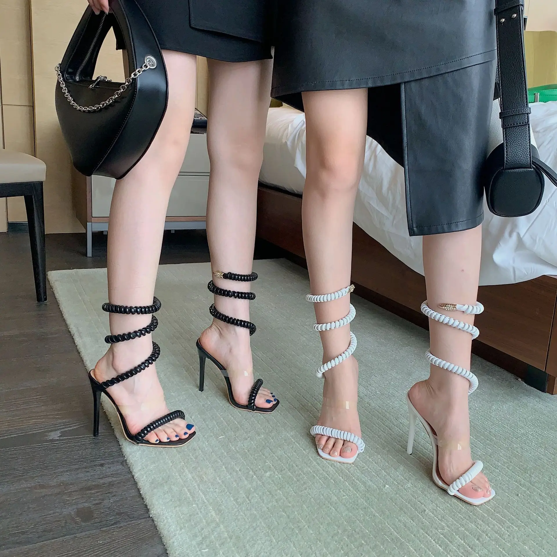 Phone cord Runway. Women's Sandals. Square Toe Snake Ankle Strap Designer Sandals. 2022 Hot Thin High Heels Stretch Sandals. adies Crystal Shoes