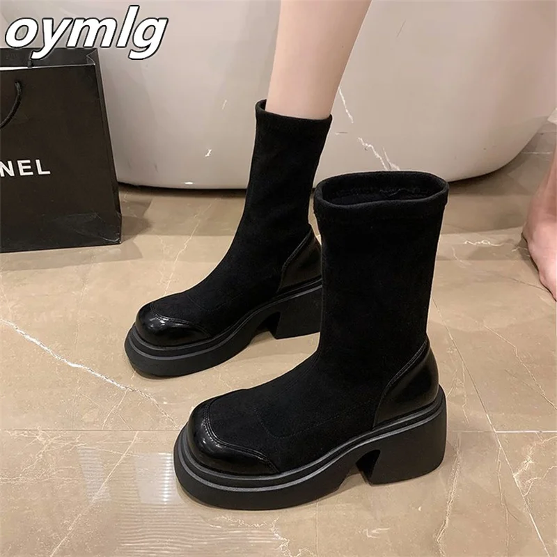 Spot Short Boots Women's 2023 Autumn/Winter New Slim Elastic Boots Breathable Versatile Slim Boots Thick Heel Long Boots Women