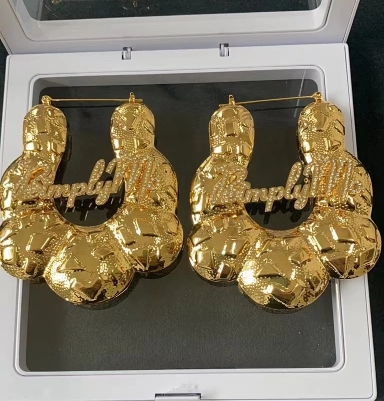 Bamboo Hoop Earrings Custom Name Earrings Personalized Bling Name Earrings 70mm Customized Name Earrings Women Letter Nameplate