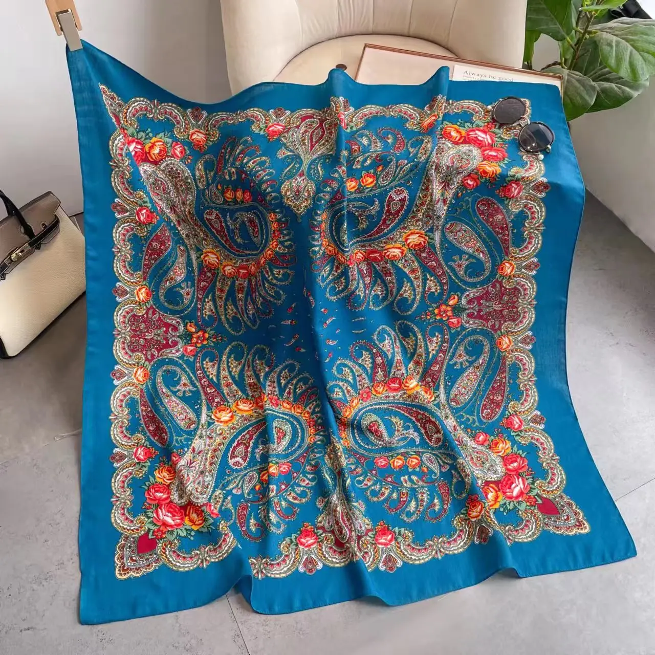 

110*110cm Russian Babushka Square Scarf Luxury Floral Print Bandana Traditional Ukrainian Handkerchief Shawl Female Head Wraps