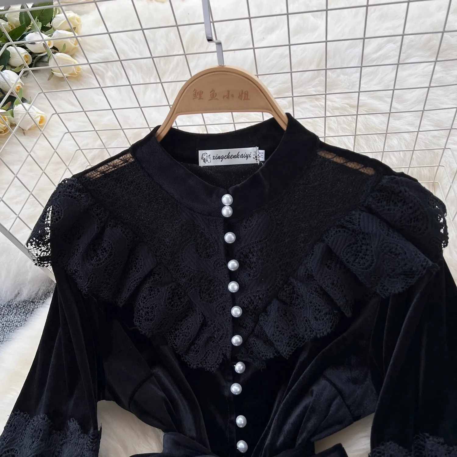 فستان فرنسي عتيق مطرز بالدانتيل من المخمل للنساء ب...