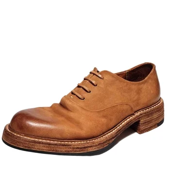 Men's Dress Shoes Pumpkin Colour Washed Horse Leather Hand Sewn Thick Platform Oxfords Shoes Breathable Comfortable Derby Shoes