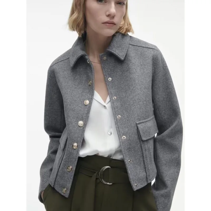 Spring Women Elegant Grey Cropped Coat Metal Button Lapel Jacket Coats with Pockets Women Streetwear Fashion Chic Tops women fashion double breasted breathable blazer coat vintage halloween with pockets print female outerwear chic veste femme