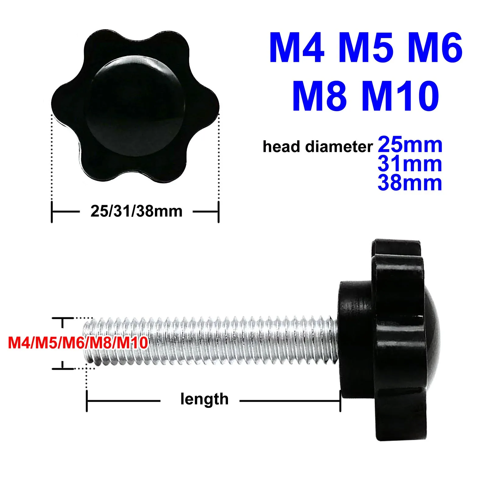 Set of Black Plastic Hand Tighten Thumb Screws with Six-Lobe Head - Adjustable Clamping Bolts (8-100mm Length)