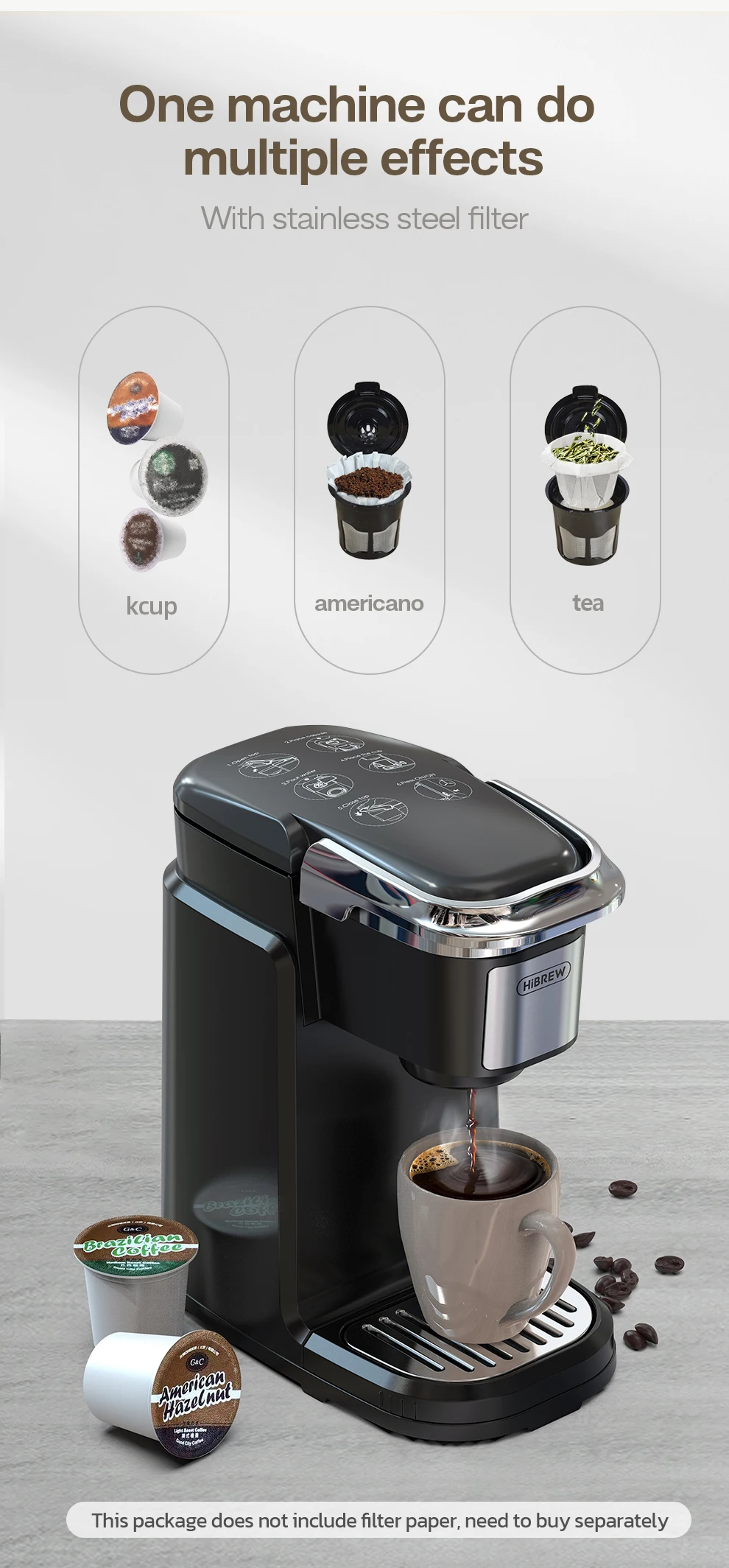 Description Picture 4 of itemHiBREW Filter Coffee Machine Brewer for K-Cup Capsule& Ground Coffee, Tea Maker Hot Water Dispenser Single Serve Coffee Maker